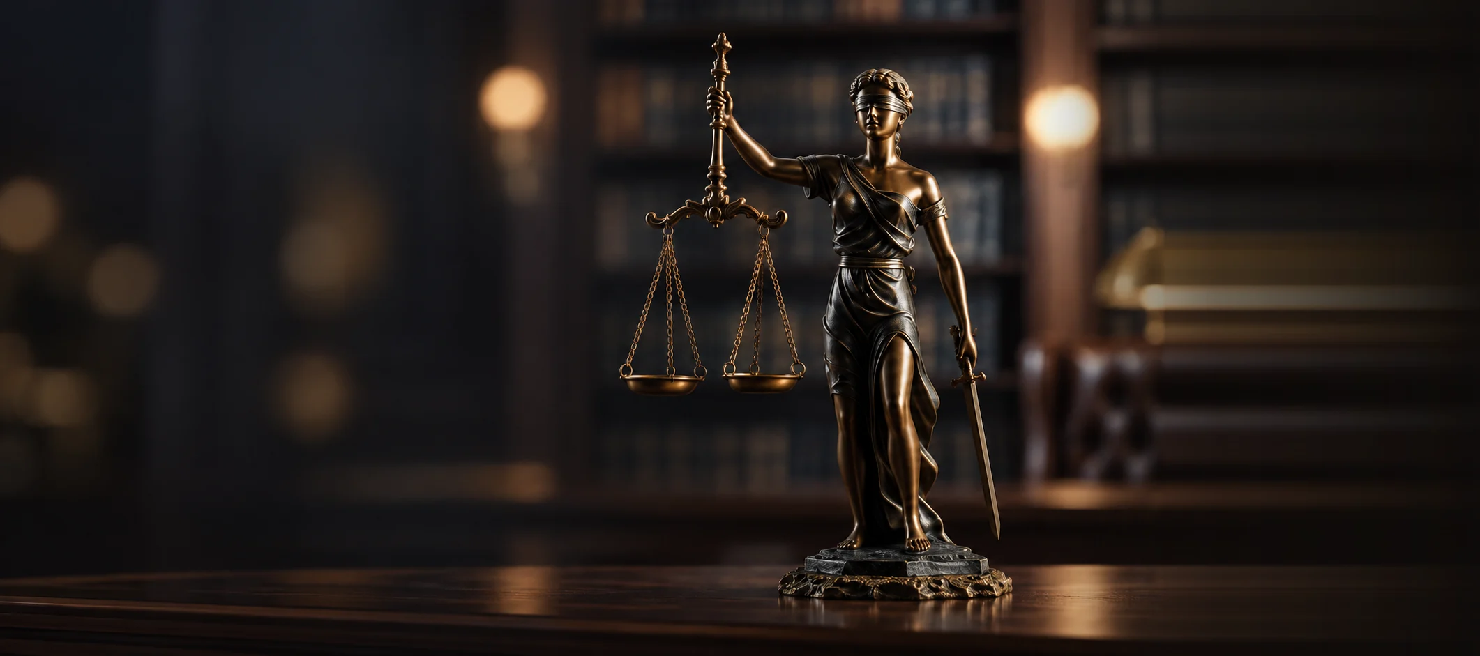 Estátua da Justiça em bronze sobre a mesa de um escritório, com estante de livros jurídicos ao fundo.
