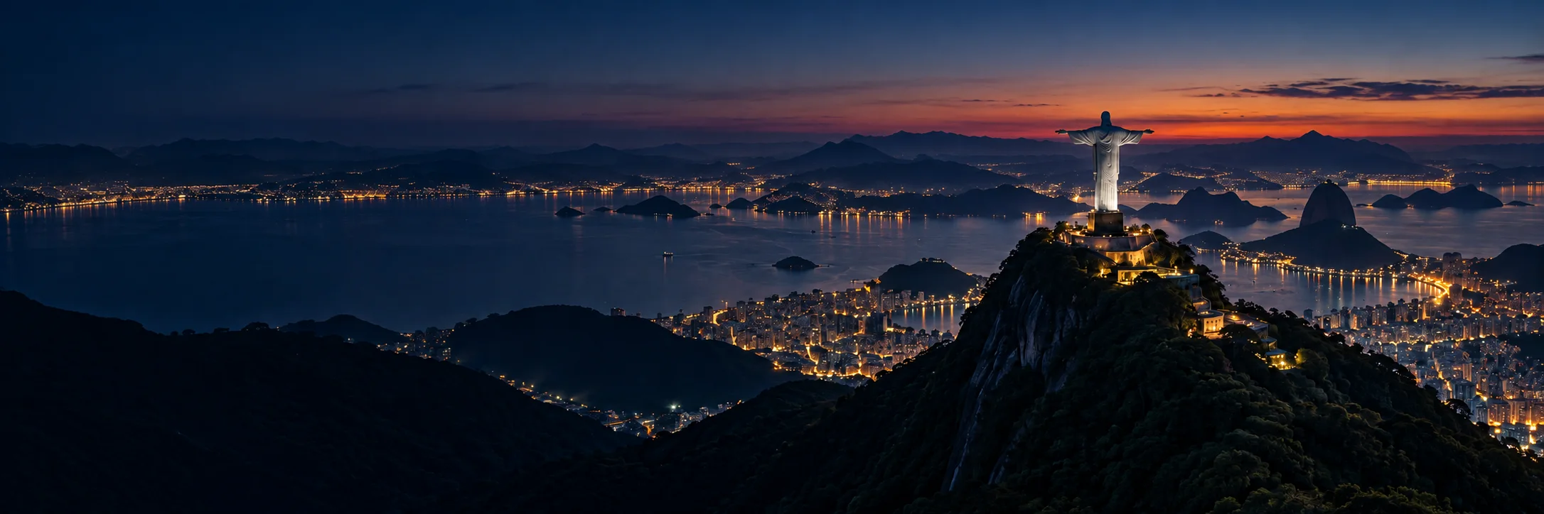Vista panorâmica do Rio de Janeiro ao anoitecer, com o Cristo Redentor iluminado, a Baía de Guanabara e o Pão de Açúcar.
