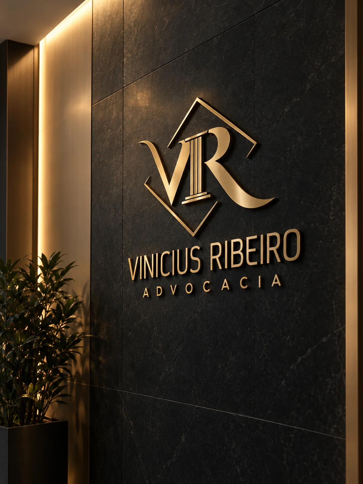 Logotipo Vinicius Ribeiro Advocacia em relevo dourado sobre a parede de pedra escura do escritório.